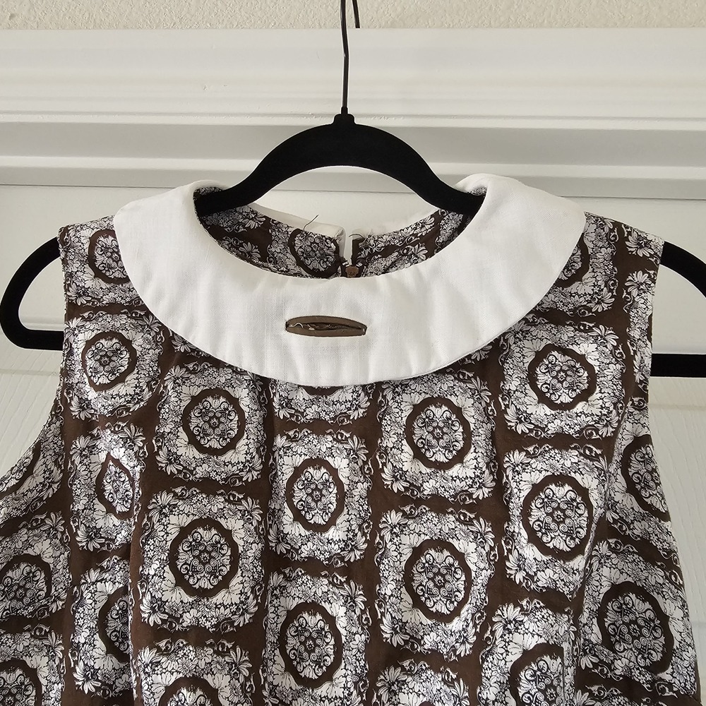 1950s 1960s Vintage Cotton Midi Dress Brown & White #44 - Picture 3 of 7